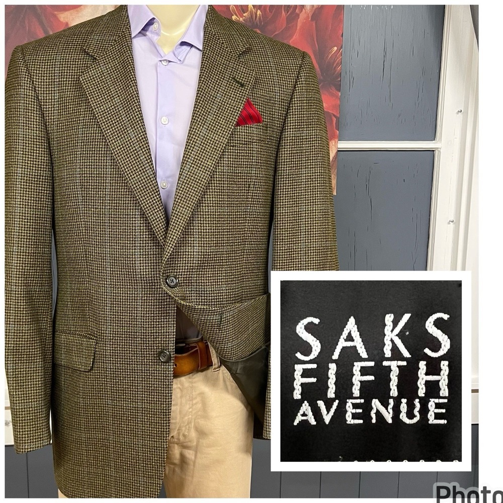 Vintage Saks Fifth Ave‎ Blazer Mens 42L Long Wool Burnt Olive/Brown/Blue Flannel